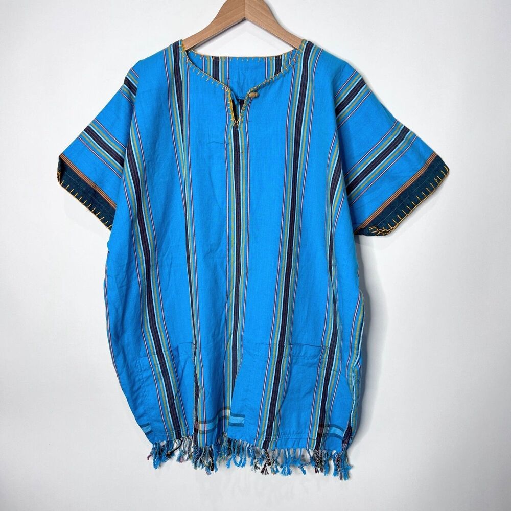 Shanzu Tunic Poncho Coverup Boho Fringe Striped Box Fit Blue Yellow Women's OS
